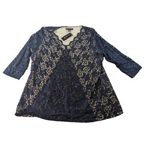 INC International Concepts Blouse Womens Sz 1X Long Sleeve V-Neck Coquette Sheer